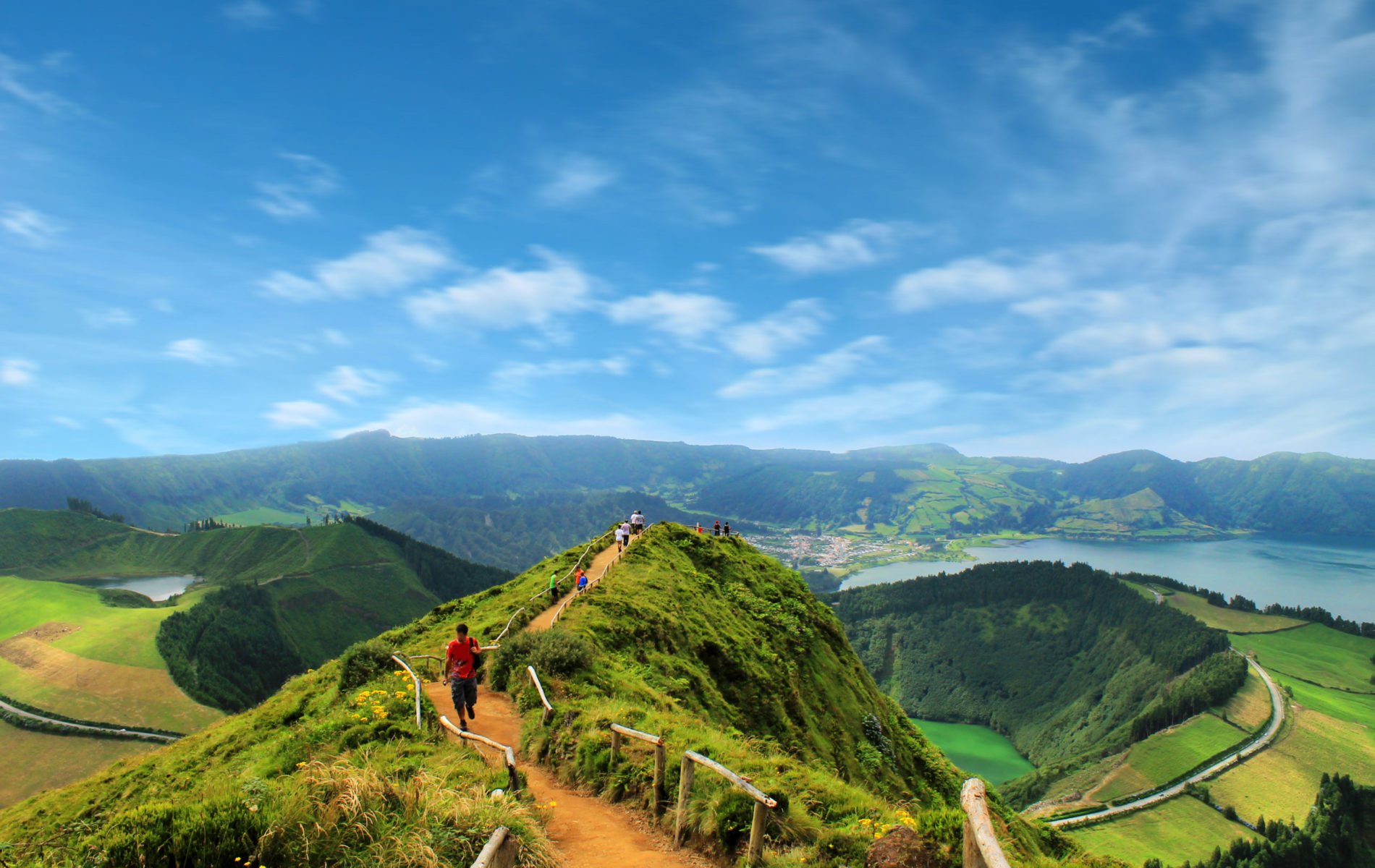 Walking path leading to a view on the lakes of Sete Cidades, Azores, Portugal